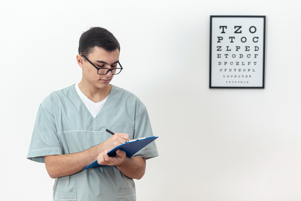 Ophthalmologist documenting during the eye examination.
