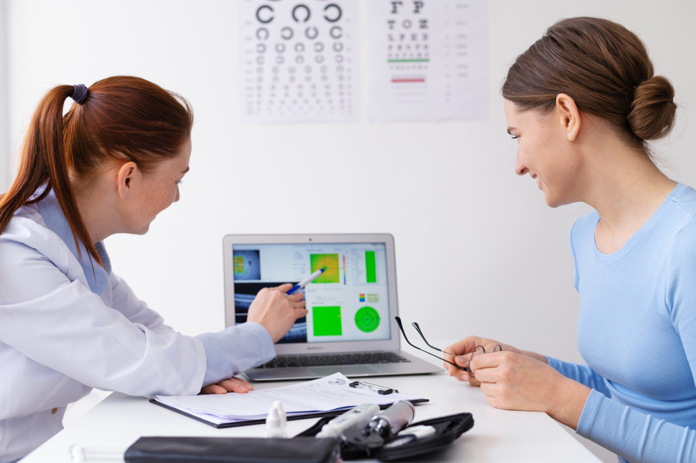 Ophthalmologist explaining exam’s results