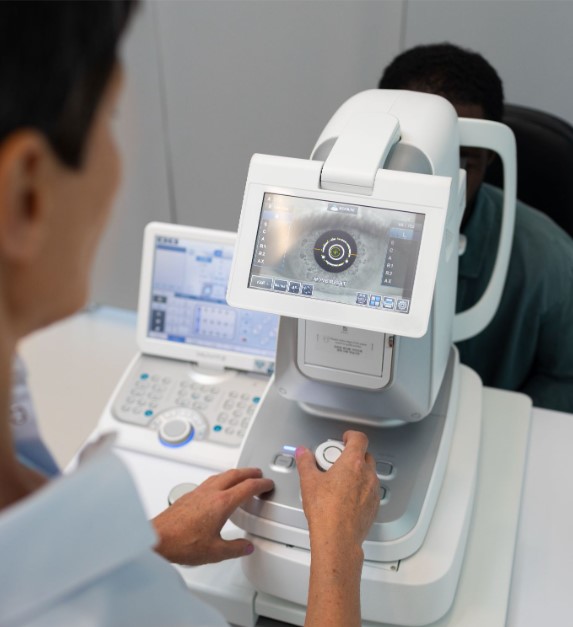 Ophthalmologist analyzing patient’s eye exam